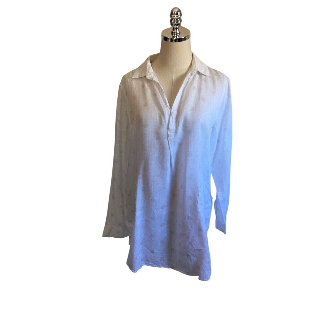 Forcynthia Top Women's Size Medium White Gold Polka Dots 100% Linen